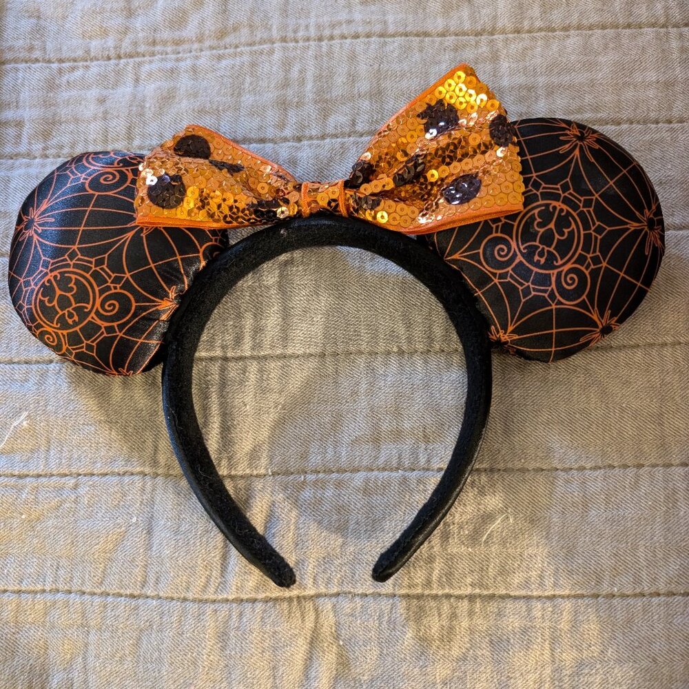 Disney Parks Minnie Mouse Spider Ears Headband, Orange/Black sequin